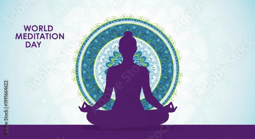 Silhouette of meditating figure in lotus pose with glowing aura and blue circular background for world meditation day