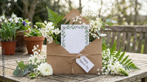 Charming Floral Arrangement in a Rustic Envelope with Blank Card on a Wooden Table in Spring