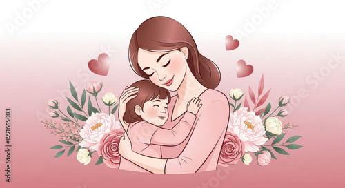 Mother tenderly embracing baby in soft warm hug surrounded by delicate flowers and floating hearts on pastel pink background