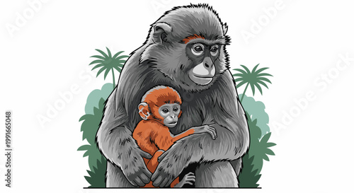 Adult monkey cradles its bright orange baby with jungle foliage background