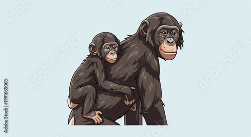Adult chimpanzee carries a young one on its back against a pale blue background