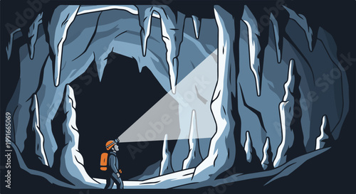 Adventurer with headlamp explores a vast icy cave with stalactites and stalagmites