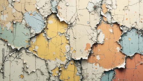 Peeling Paint Texture on Wall with Pastel Colors Revealing Layers of Distressed Surfaces