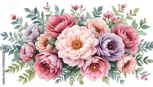 Delicate Floral Bouquet Featuring Pink and Purple Peonies Surrounded by Green Foliage