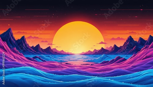 Vibrant Sunset Over Ocean Waves with Colorful Mountains in a Digital Art Landscape