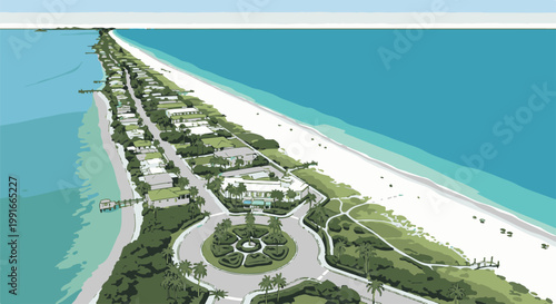 Aerial view of a coastal resort with palm trees and beach houses