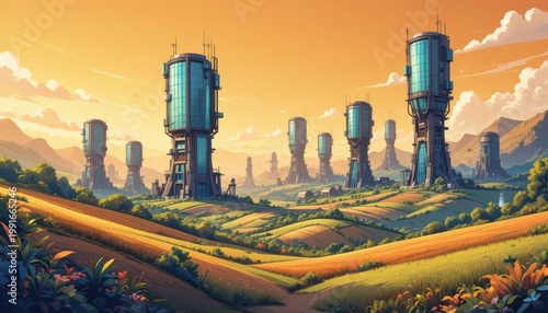 Futuristic Landscape with Tall Towers and Rich Fields Under a Bright Sunset in a Valley