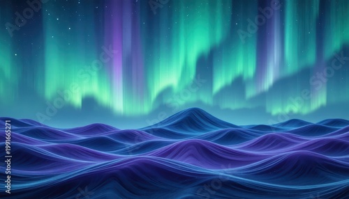 Stunning Digital Artwork of Aurora Borealis Over Waves of Ocean at Night in a Dreamy Landscape
