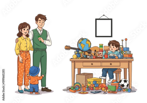 Happy family with two children and many toys in a room