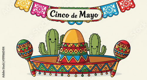 Festive cinco de mayo celebration illustration featuring colorful banner cacti sombrero and maracas in a vibrant mexican cultural theme