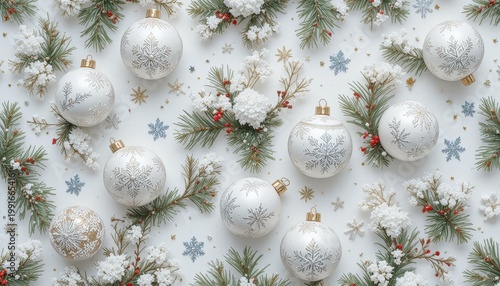 Festive White and Gold Christmas Ornaments Surrounded by Snowflakes and Greenery on a White Background