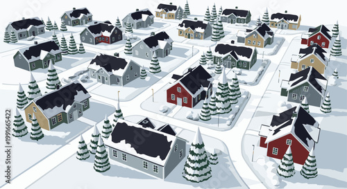 Aerial view of a snow-covered neighborhood with houses and evergreen trees