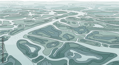 Aerial view of a stylized, abstract water landscape with intricate channels and islands