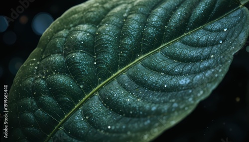 Closeup View of a Green Leaf Showing Intricate Texture and Sparkling Surface Details in Nature