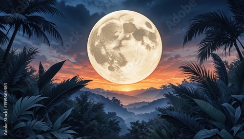 Majestic Full Moon Rising Over Tropical Jungle Landscape at Sunset with Dramatic Sky Colors