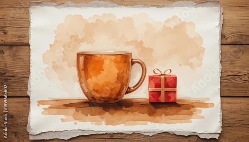 Warm Brown Coffee Cup Next to a Wrapped Red Gift on Rustic Wooden Table in Watercolor Art