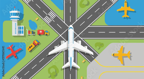 Aerial view of an airport with planes, control tower, and vehicles