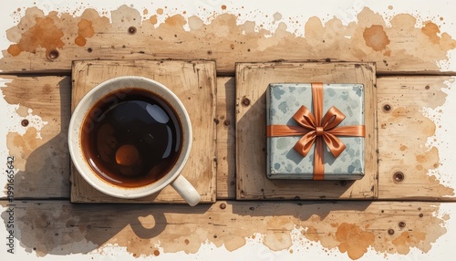 Cup of Black Coffee Next to Beautifully Wrapped Gift on Rustic Wooden Table with Warm Atmosphere