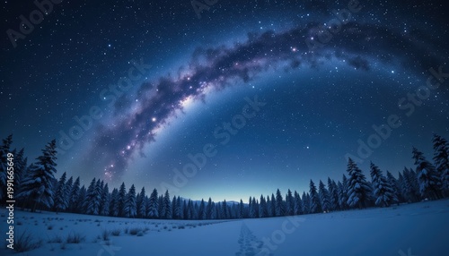 Enchanting Night Sky with Milky Way Over Snow Covered Landscape and Pine Trees in Winter