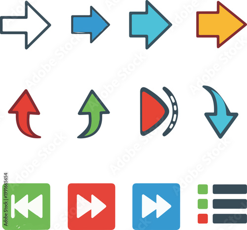 A comprehensive collection of colorful arrow and navigation icons for user interface design, web development, and digital applications. Free Download A comprehensive collection of colorful arrow and navigation icons for user interface design, web development, and digital applications. - GFXLoad
