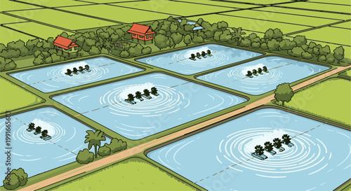 Aerial view of fish farm with aerators in water ponds and surrounding fields