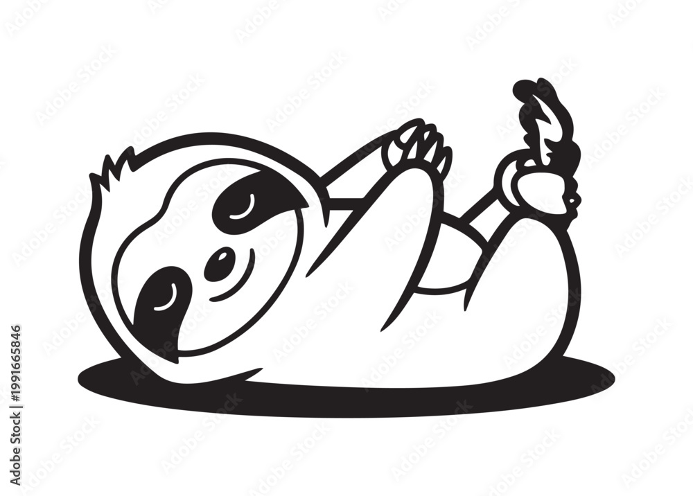Naklejka premium Cute kawaii sloth doing yoga pose, playful animal illustration, graphic design, black and white, adorable lifestyle viewpoint