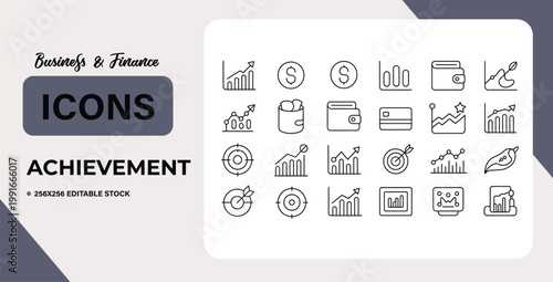 Modern business and finance achievement icons set for professional presentations and reports