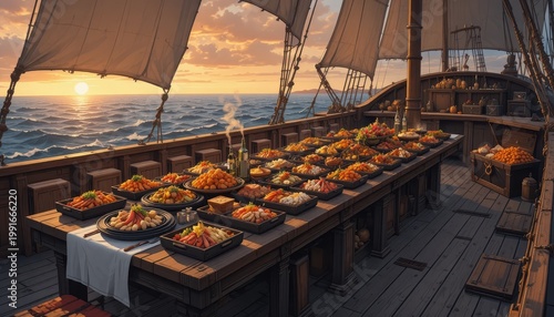 Exquisite Feast on a Ship's Deck at Sunset Over the Ocean with Abundant Culinary Delights