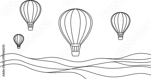 Whimsical hot air balloons flying over wavy landscape illustration ready to use