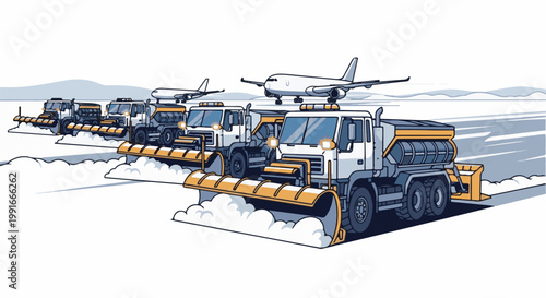 Airport snowplows clear runway for aircraft in winter conditions