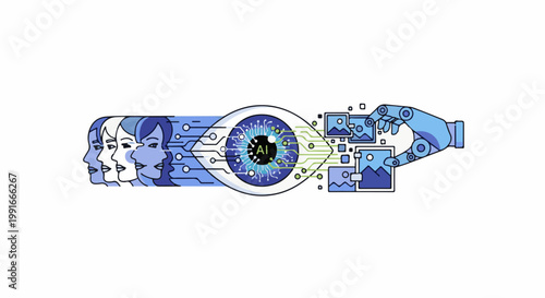 AI's artificial eye observes faces and processes images with a robotic hand