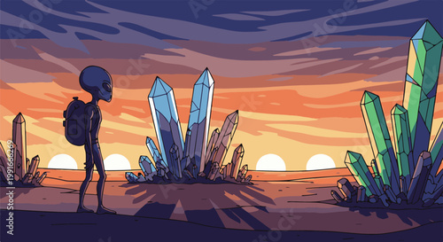 Alien backpacker walks past giant crystals under a multi-sun sunset