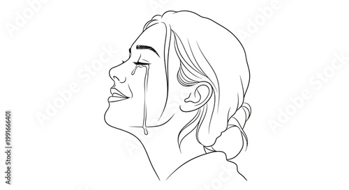 Crying woman face, sad girl crying, emotional portrait, vector illustration, line art