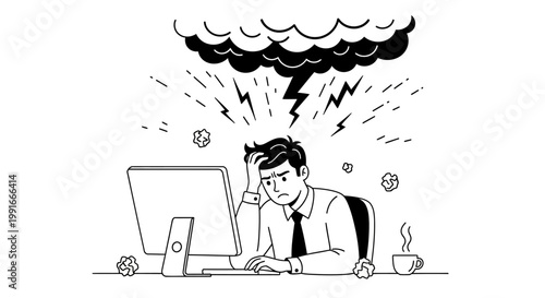 Stressed businessman, frustrated office worker, computer anxiety, overwhelmed employee, black and white vector