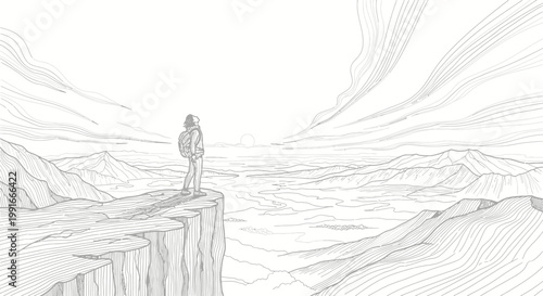 Lonely figure standing on cliff edge, vector illustration, scenic landscape, gray lines on white background