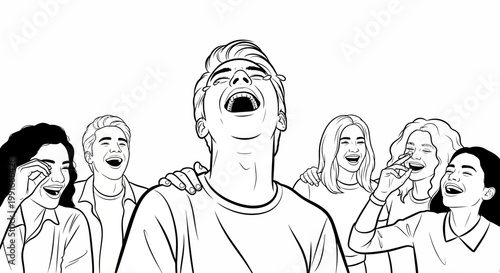 Shouting man, screaming crowd, group of people laughing, shocked expressions, vector illustration
