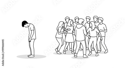 Lonely person, isolated individual, social exclusion, people, crowd, vector illustration