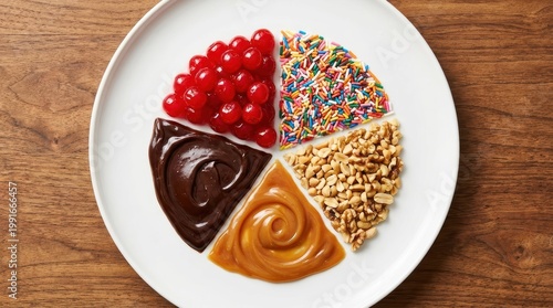 Colorful Platter of Ice Cream Toppings Including Cherries, Sprinkles and Sauces on Wooden Table