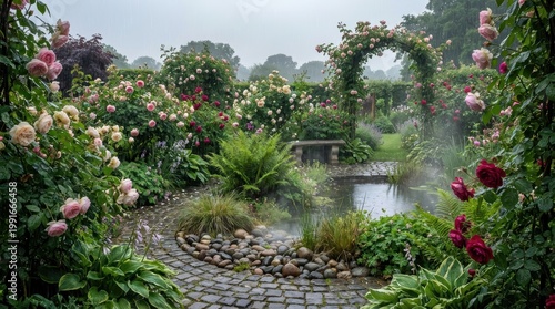 Rainy Day in a Flourishing Rose Garden with Stone Pathway and Misty Atmosphere