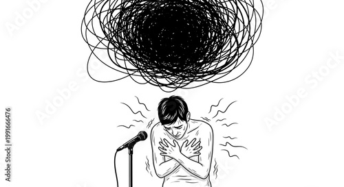 Anxious person, stressed, confused, speaking, microphone, mental health