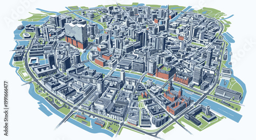 An aerial isometric view of a densely packed city with waterways