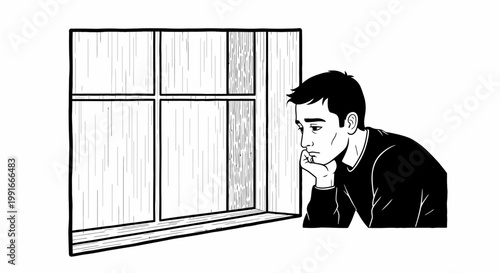 Sad man looking out window, thoughtful expression, black and white illustration, vector graphics