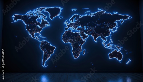 Illuminated World Map On Dark Wall Featuring Blue Neon Light and Geographical Connections