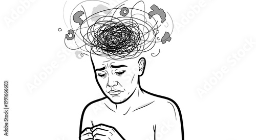 Anxiety, stress, mental health, emotions, confused mind, overwhelmed person, vector illustration
