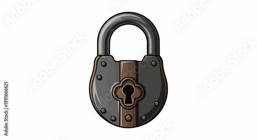 An antique, vintage, dark metal padlock with a brown metal accent