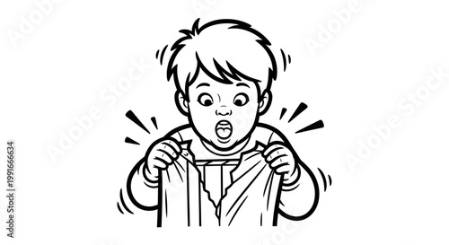 Surprised boy opening gift box vector illustration, excited child tearing wrapping paper, black and white line art of kid unboxing present