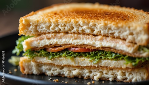 Grilled Cheese Sandwich Layered with Lettuce and Tomato on a Black Plate with Toasted Bread