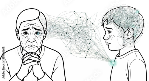 Conceptual line art vector of intergenerational trauma, sad elderly man and child connected by tangled neural networks, mental health illustration