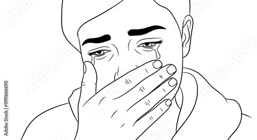 Crying woman line art vector, sad female character weeping with hand over mouth, emotional person with tears and grief expression