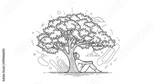 Minimalist line art illustration of a person sitting under a large tree, peaceful man resting in nature, black and white vector sketch for mental health